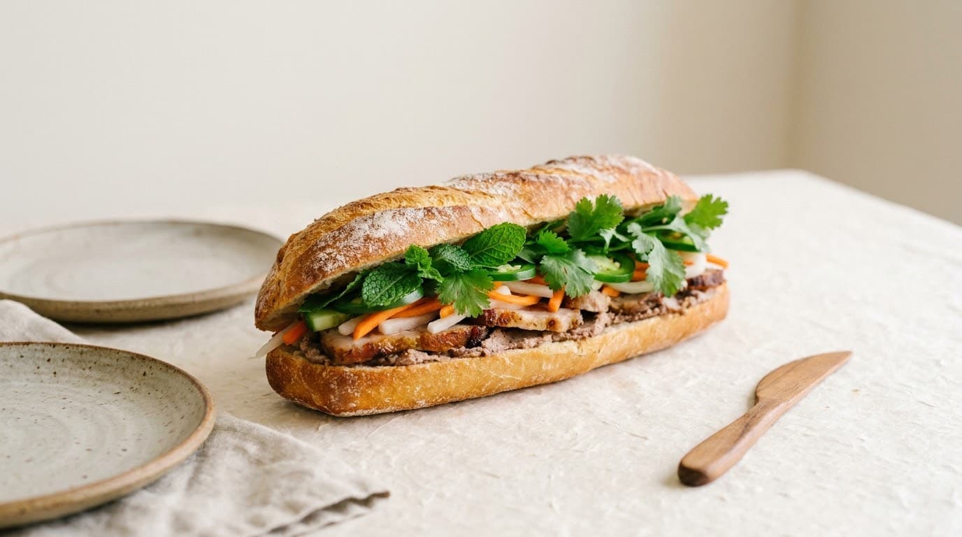 Ein frisch belegtes Bánh-Mi-Baguette mit eingelegtem Gemüse und frischen Kräutern.
