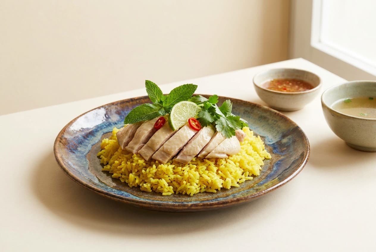 In Scheiben geschnittenes Hähnchenbrustfilet auf safrangelbem Reis, garniert mit Minze, Koriander und Limette, dazu zwei kleine Schalen mit Sauce und Brühe.