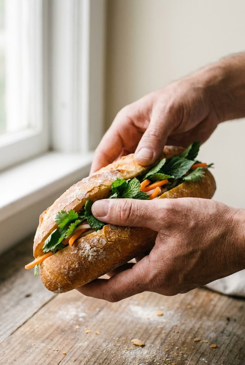 Zwei Hände halten ein frisch belegtes Banh-Mi-Baguette mit Kräutern und eingelegtem Gemüse.