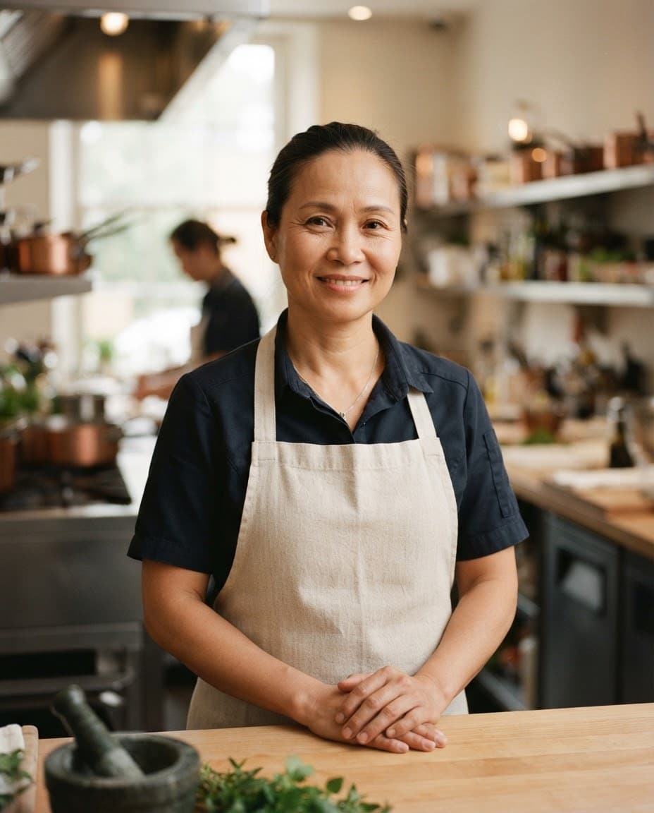 Porträt von Hoang Hui Nguyen in Küchenschürze.