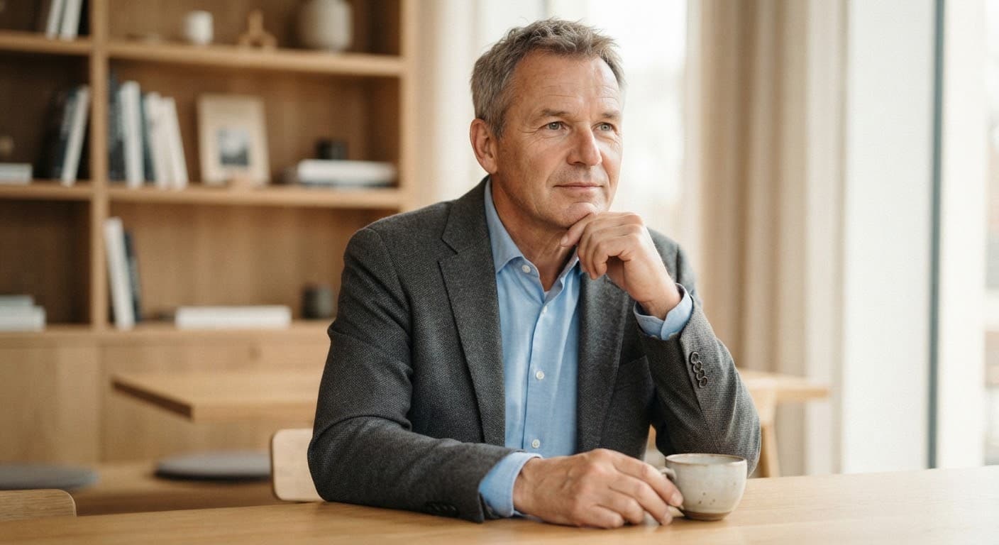 Porträt von Wolfgang Möbius vor einer hellen Holzwand.